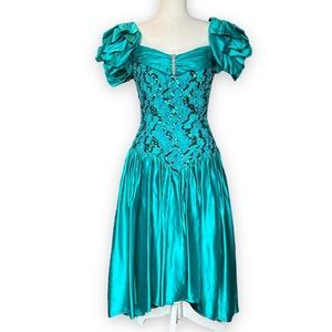 Vintage Teal 80s puff sleeve sequin hi low Fishtail formal Party dress Dynasty